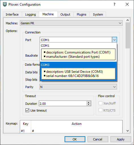 machine tab with drop down menu and COM3 highlighted