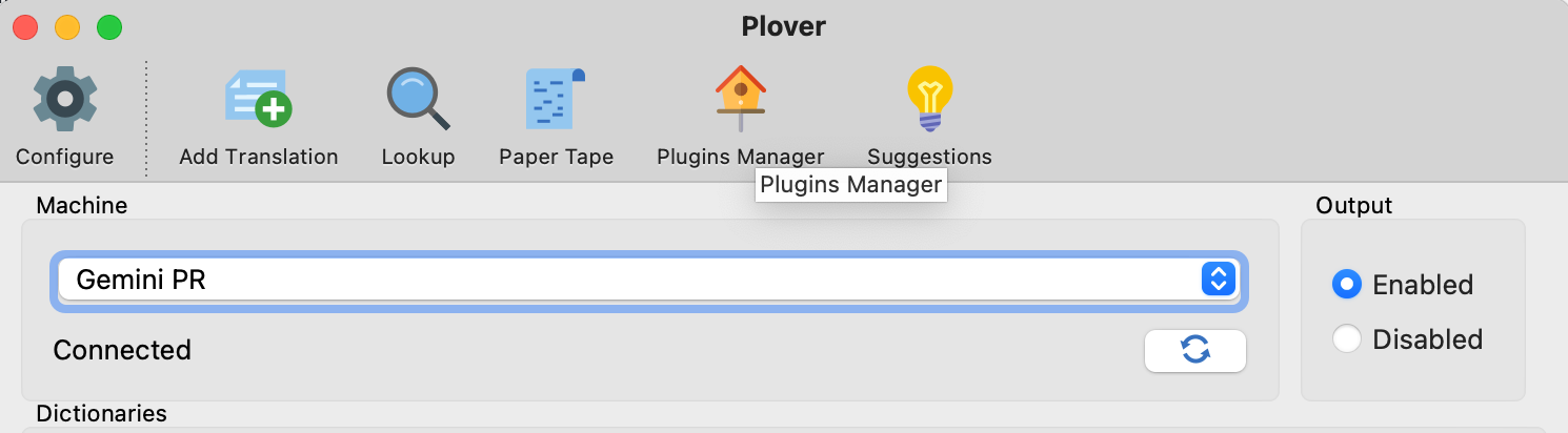 plugins manager icon, located in the top bar of the plover GUI