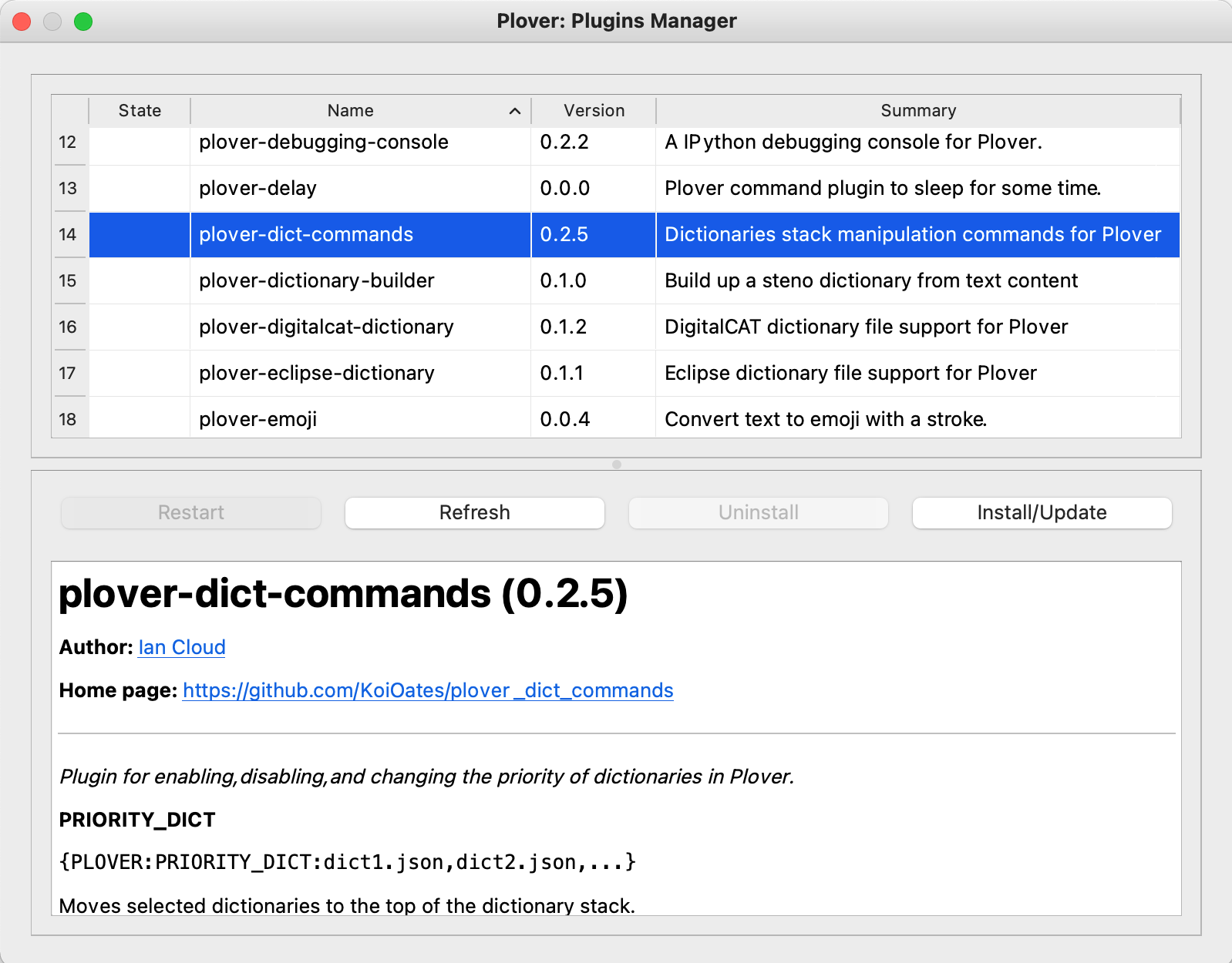 shows plover-dict-commands in the plover-plugins-manager window