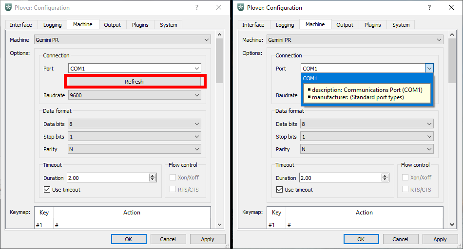 Plover configuration machine tab with refresh button highlighted. Drop down menu options highlighted.