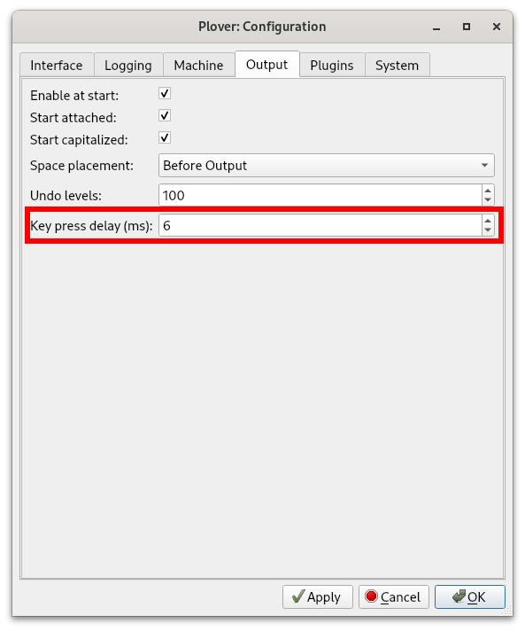 key press delay field in plover's configuration