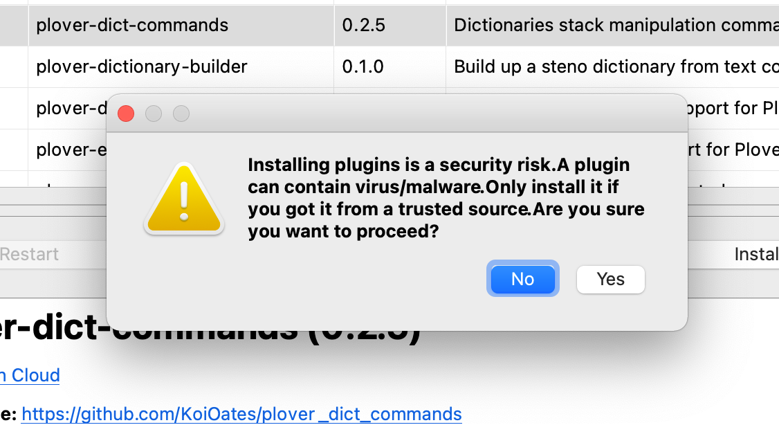 Warning when installing plugins: installing plugins is a security risk. A plugin can contain virus/malware. Only install it if you got it from a trusted source. Are you sure you want to proceed?