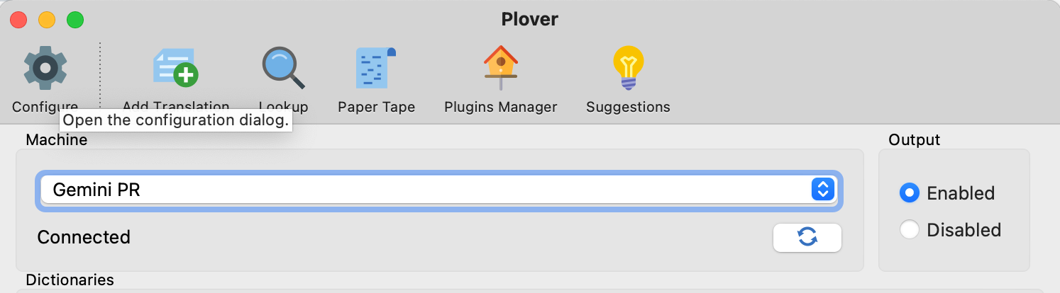configure location in the top bar of the plover GUI
